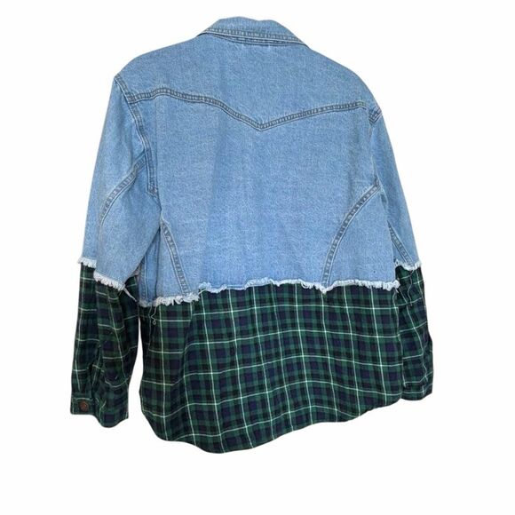 Princess Polly Mixed Media Denim & Flannel Larkin Jean Jacket Blue Green S/M - Picture 10 of 10